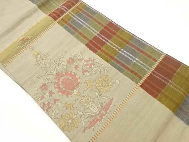 手織り紬格子に草花模様織出し名古屋帯